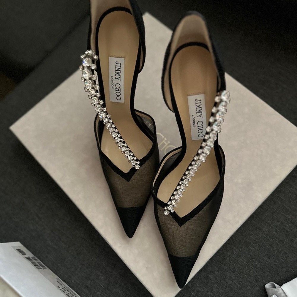 Jimmy Choo Black Mesh Pointed Toe Slingback Heels with Crystal Straps - Picture 1 of 5